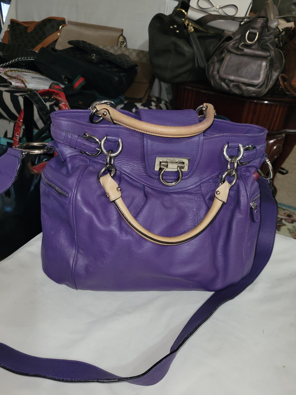 Ferragamo Stylish Purple Leather Satchel/Crossbody with Beige Handles